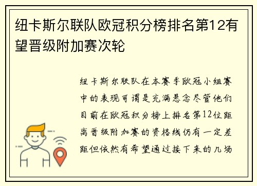 纽卡斯尔联队欧冠积分榜排名第12有望晋级附加赛次轮 纽卡斯尔联队欧冠积分榜排名第12有望晋级附加赛次轮