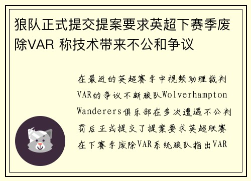 狼队正式提交提案要求英超下赛季废除VAR 称技术带来不公和争议
